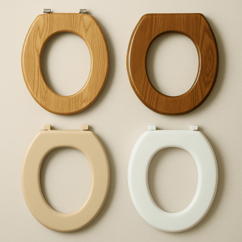 Various wood and plastic toilet seats showcasing different styles and appearances