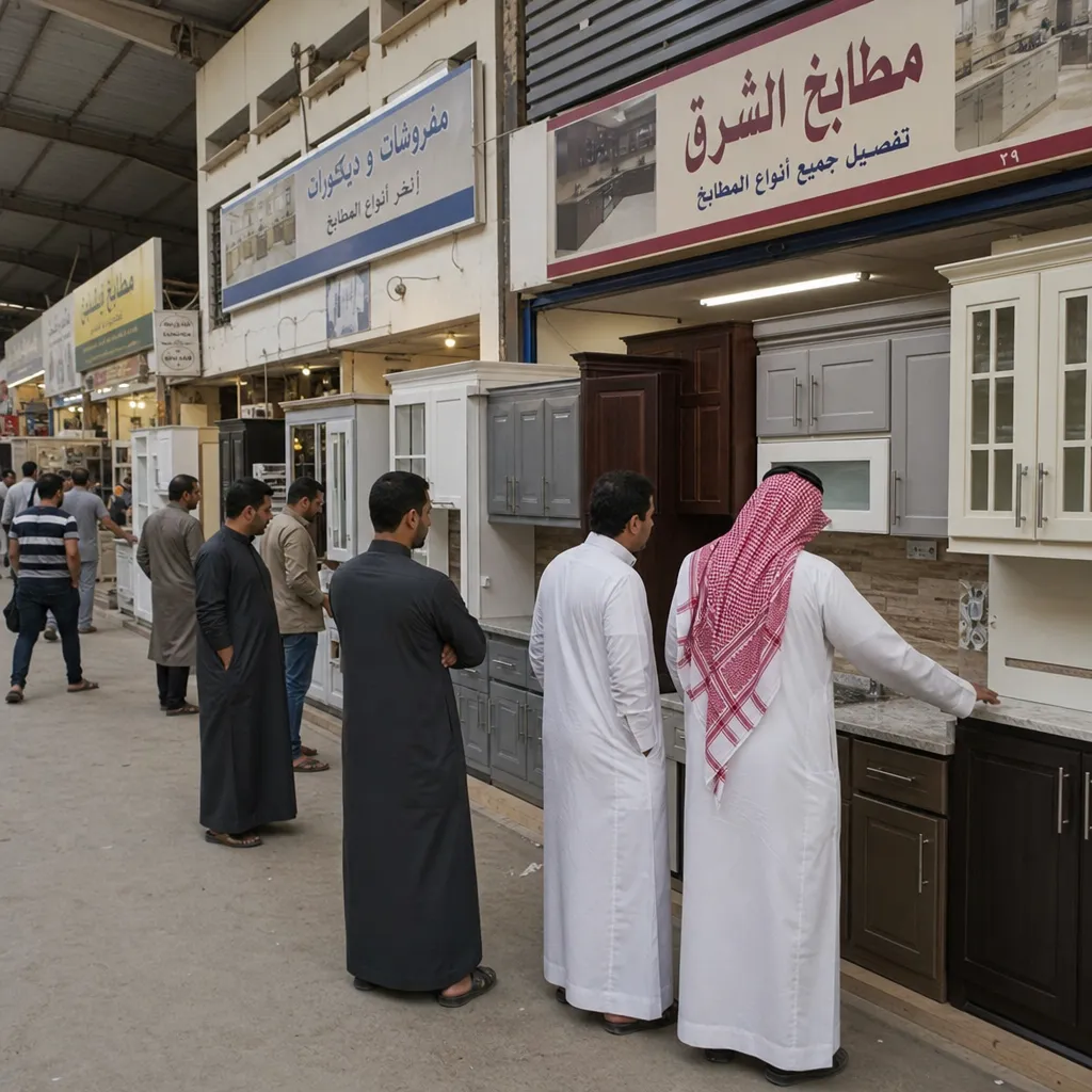عملاء يتجولون في سوق أثاث محلي مزدحم في الرياض يعرض مجموعة متنوعة من خزائن المطبخ