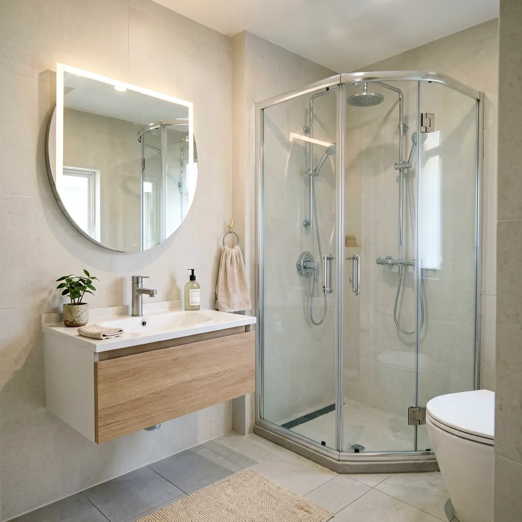 Close-up of modern bathroom vanity featuring quartz countertop, brushed gold faucet, and undermount sink