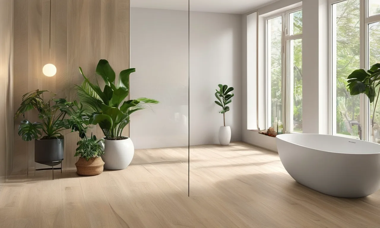 Cover of a modern bathroom with light oak-look waterproof luxury vinyl plank flooring